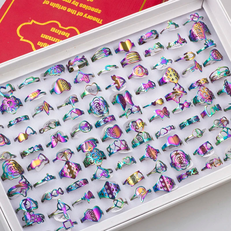 100 Pieces Stainless Steel Engraved Rings for Men and Women Fashion Charm Jewelry Gift Hollow Flower Finger Rings Wholesale Lots