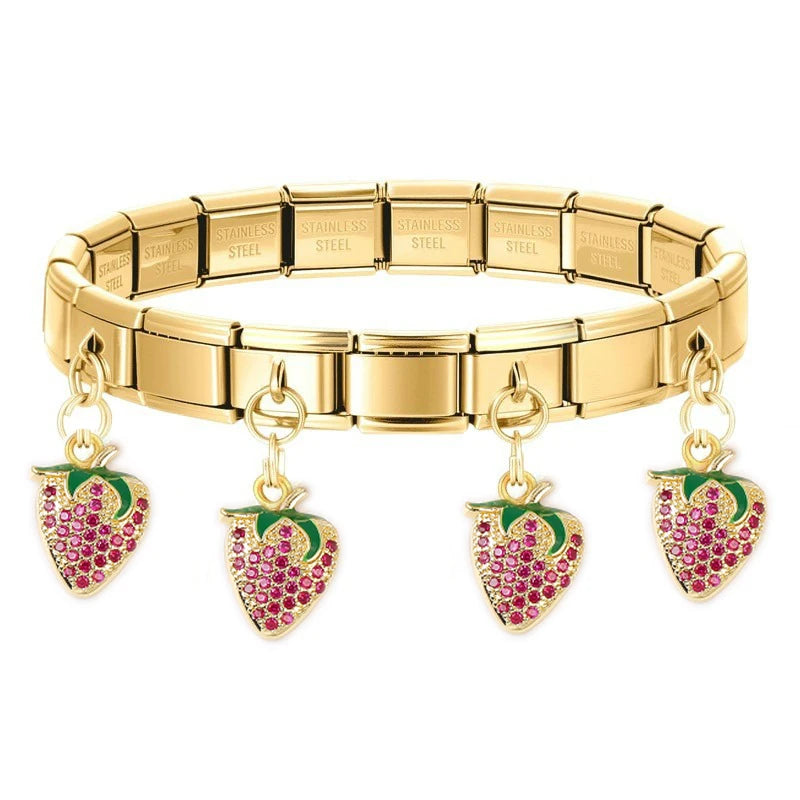 Geometric Square Stainless Steel Elastic Strap Bangle Bracelets for Women Strawberry Cherry Pendant Bracelets Hand Jewelry Gift
