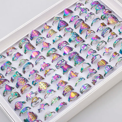 100 Pieces Stainless Steel Engraved Rings for Men and Women Fashion Charm Jewelry Gift Hollow Flower Finger Rings Wholesale Lots