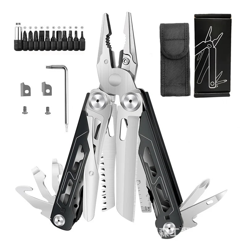 TRALOW Multi Functional Tool Pliers 28 in 1 Stainless Steel Foldable with Thread Cutter Knife Saw Screwdriver for Camping Repair
