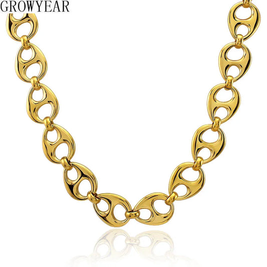 Stainless Steel Oval Button Links Pendant Necklace Choker Gold Color Statement Necklace 15mm Wide Fashion Modern Party Jewelry