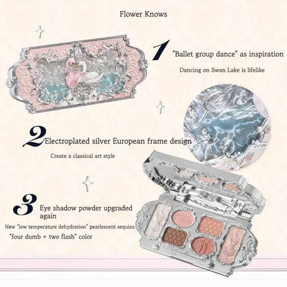 Flower Knows Swan Ballet Eyeshadow 6 Color Palette Matte Shimmer Glitter Mixed Long Lasting Eye Shadow Makeup Flowers Know