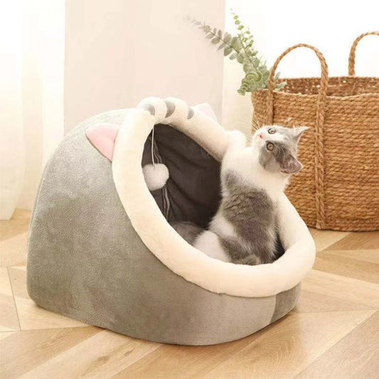 Cat Ear-Shaped Plush Bed with Hanging Toys - Anti-Slip Base & Cloud Cotton Filling, S/M/L Sizes for 7.7-16.5lbs Pets