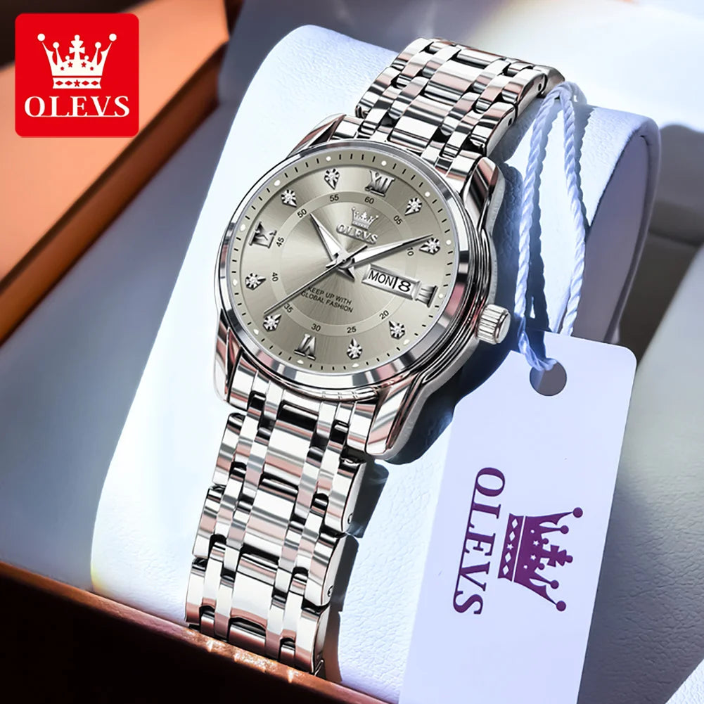 OLEVS Best Selling Fashion Stainless Steel Quartz Ladies Watch Luxury Dual Calendar Luminous Waterproof Elegant Watch for Women