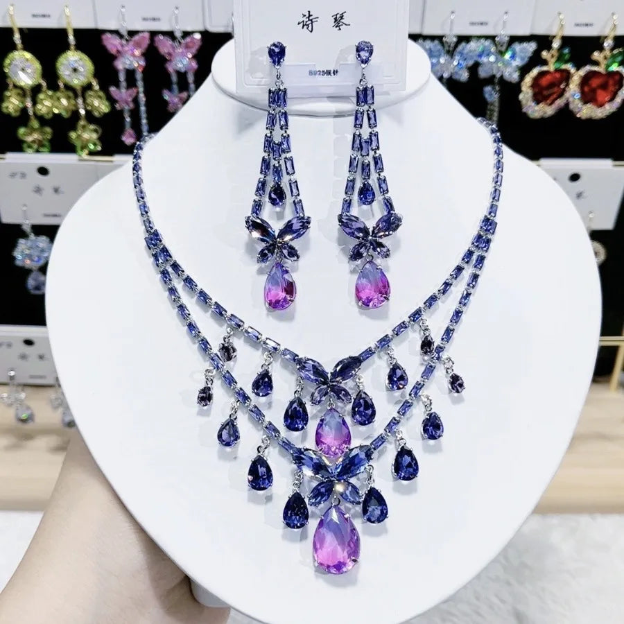 Multicolor Waterdrop Tassel Zirconia Necklace Earrings Women New Silver Color Bridal Wedding Fashion Jewelry Set Party Gifts