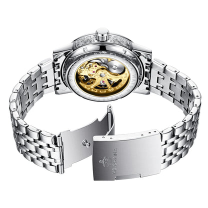 Casual Mechanical Watches For Men Fashion Stainless Steel Strap Automatic Hollow Wristwatch Luminous Skeleton Clock Relogio