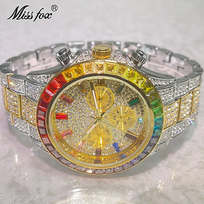 2022 Luxury Brand MISSFOX Gold Hip Hop Watches Men Fashion Rainbow Diamond Waterproof Smart Watch Full Steel Sports Clocks Male
