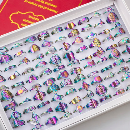 100 Pieces Stainless Steel Engraved Rings for Men and Women Fashion Charm Jewelry Gift Hollow Flower Finger Rings Wholesale Lots