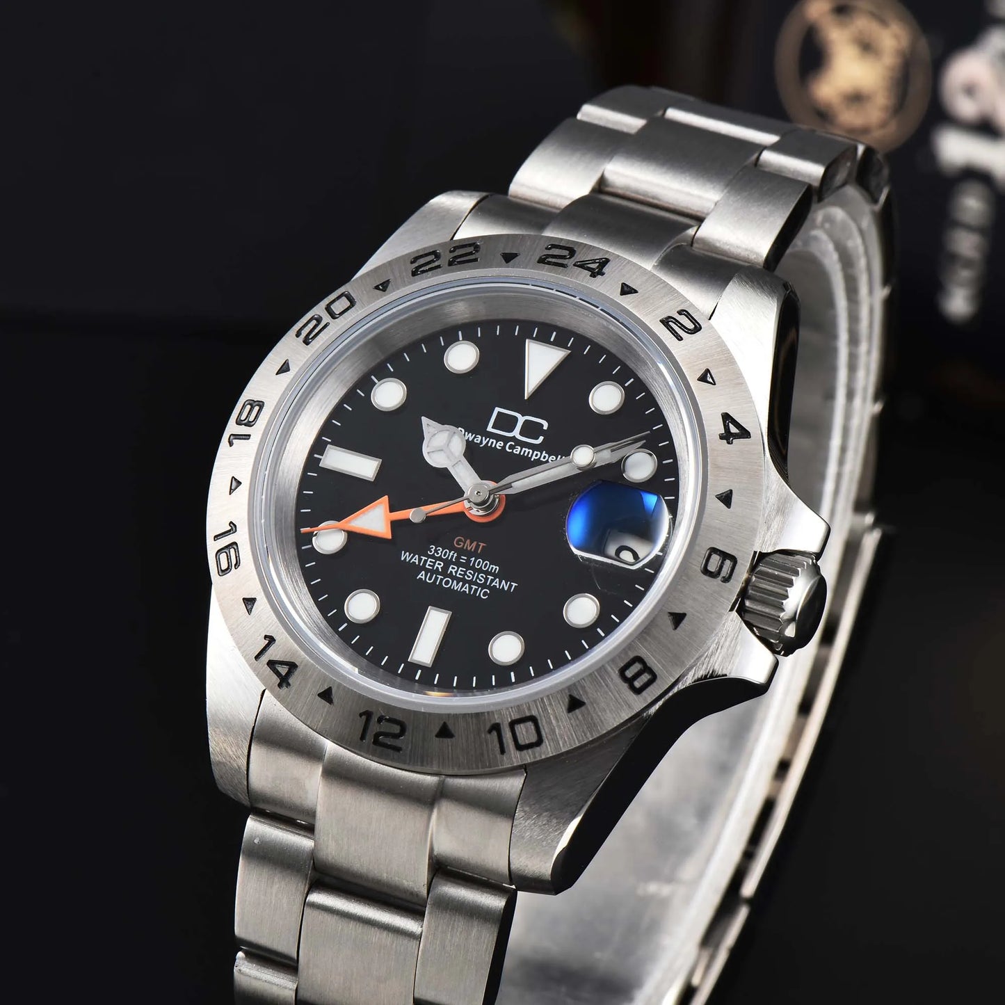 Dwayne Campbell Mater II NH34AA GMT Mechanical Men Watch Orange Hand White black Dial  Band Waterproof Wristwatch 24 Hours Bezel