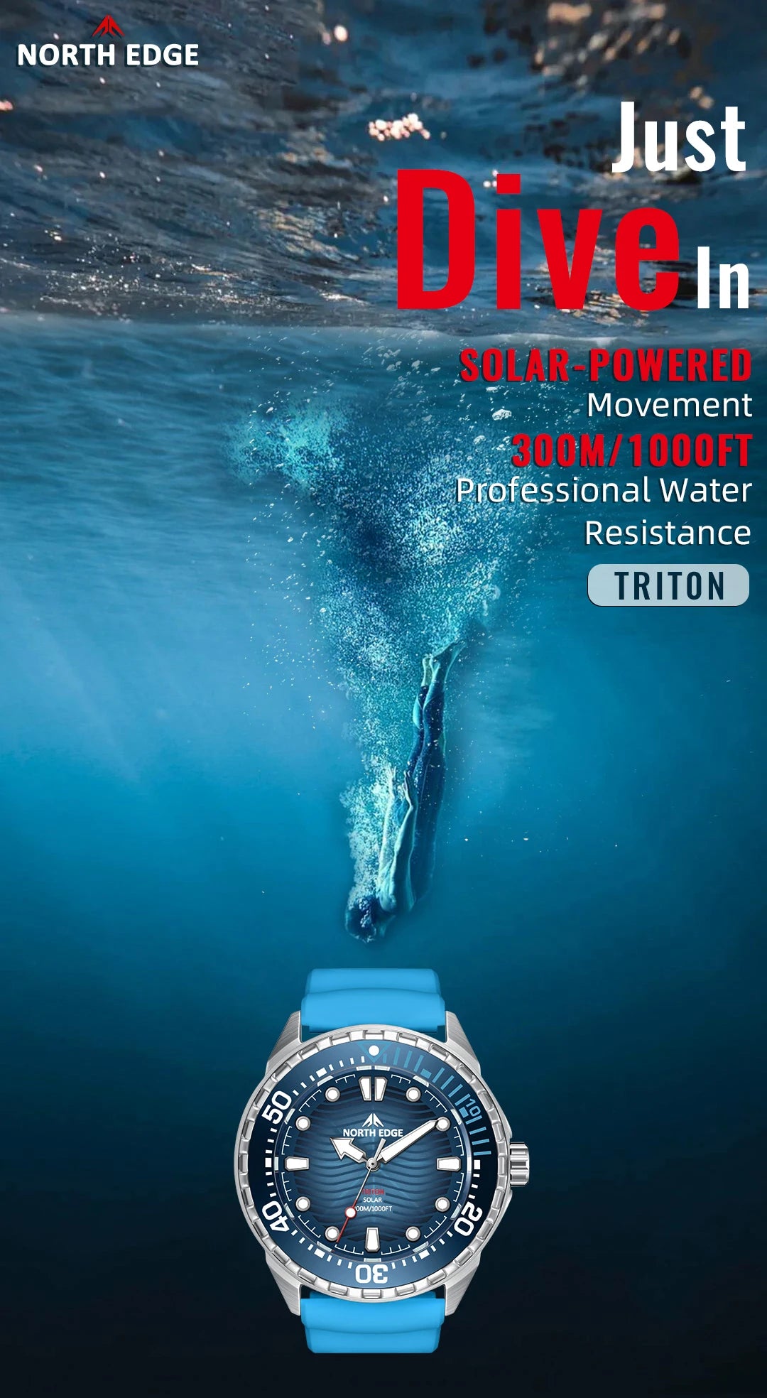 NORTH EDGE Watches for Man TRITON Solar Powered Diving Watch Quartz Wristwatch Stainless Steel Waterproof 300M Luxury Man Watch