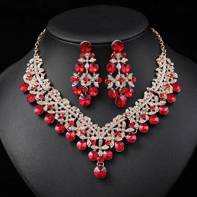 Luxury Flower Choker Necklace Earrings Wedding Dress Bridal Necklace Set Rhinestone Bride Jewelry Sets for Women