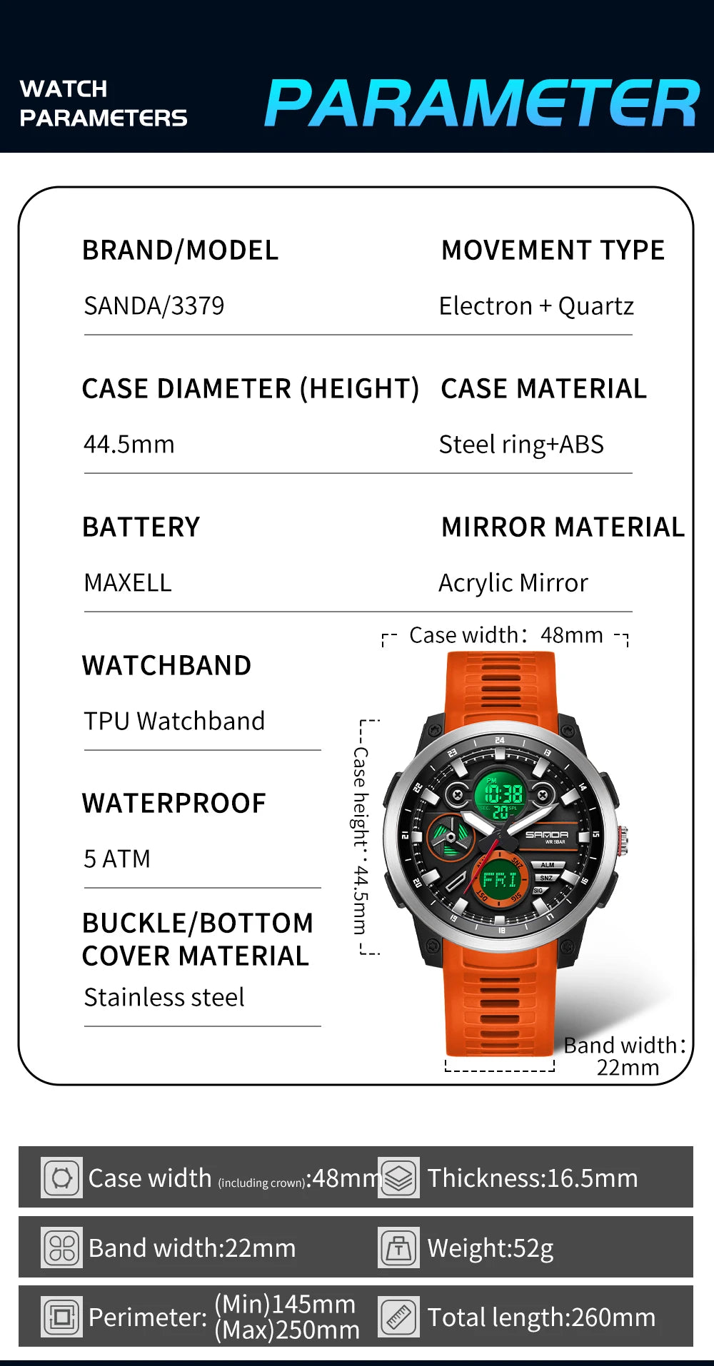 SANDA Men Sport Wristwatch TPU Strap Waterproof Quartz Watch Dual Display Digital Luminous Male Clock Relogio Masculino