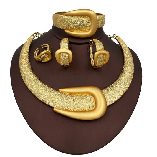 2025 New Exaggerate Jewelry Set Dubai Gold Color Large Necklace Bangle Africal Big Earring Ring Wide Bracelet Bridal Jewellery