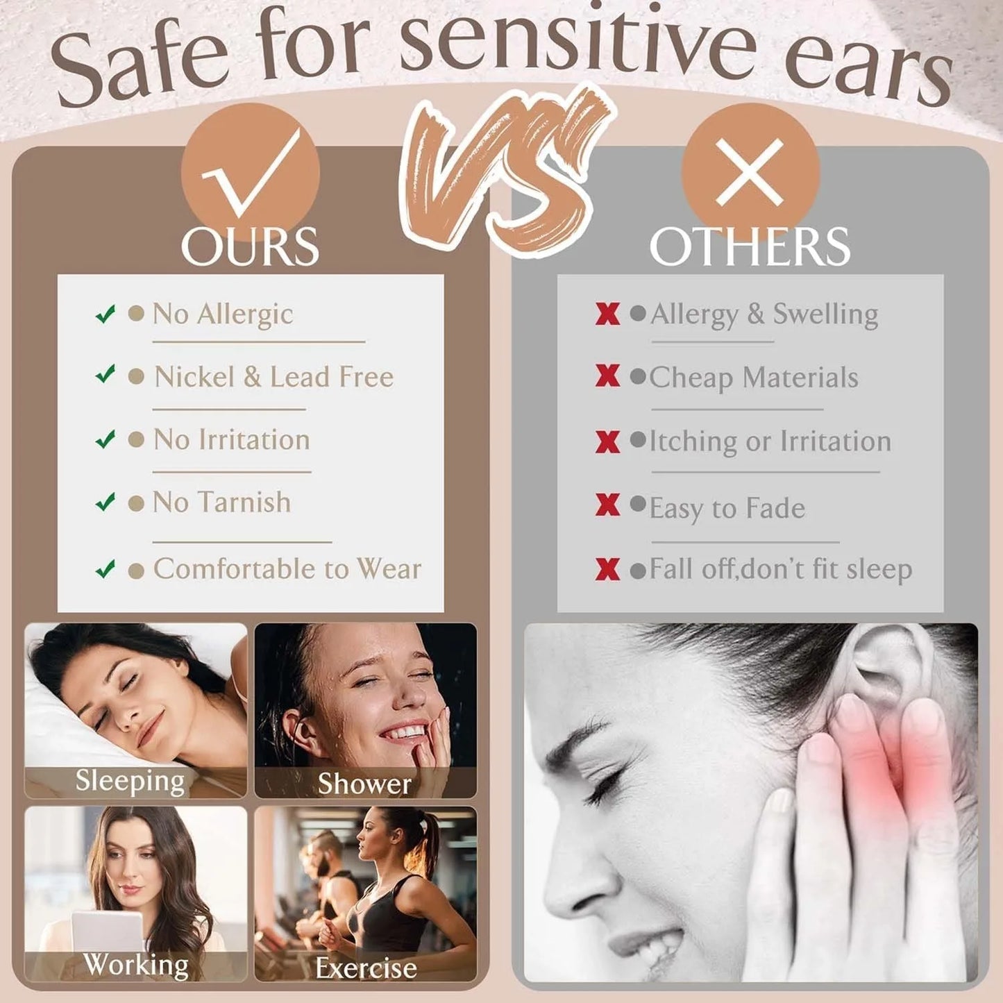 Drperfect Surgical Steel Earrings for Sensitive Ear Flat Back Hoop Cartilage Gold Plated CZ Studs for Women Multiple Piercing