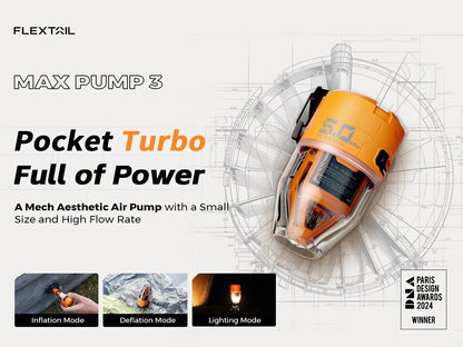 FLEXTAIL MAX PUMP 3 - Electric Air Pump, Portable Camping Pump with 3 Level Ambient Light for Air Bed, Sleeping Pads, Vacuum Bag