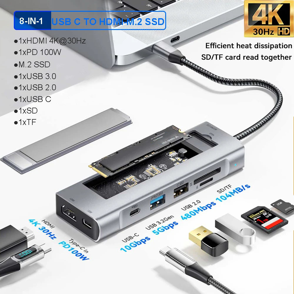 8-in-1 USB HUB with Disk Storage Function Type-C to HDMI-Compatible USB Splitter USB Dock Station For Laptop Macbook Pro Air