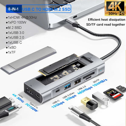 8-in-1 USB HUB with Disk Storage Function Type-C to HDMI-Compatible USB Splitter USB Dock Station For Laptop Macbook Pro Air