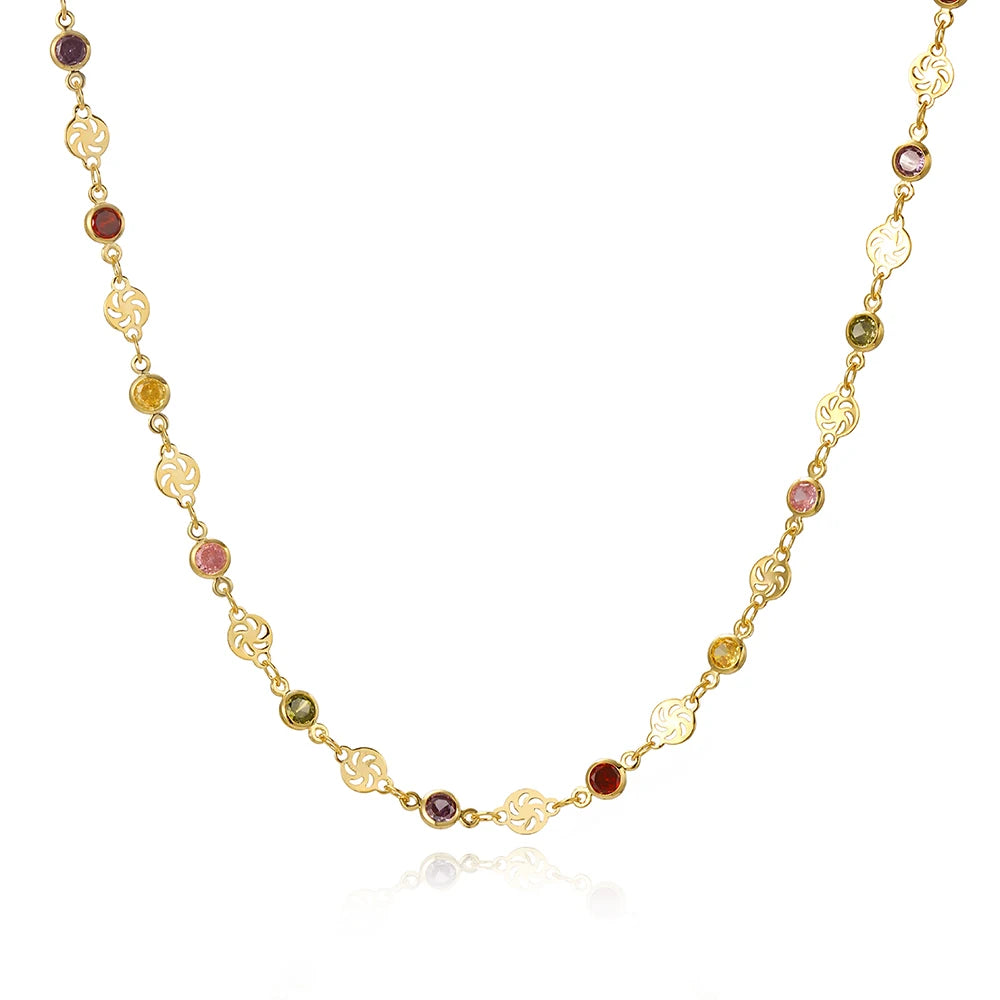 Boho Multicolor Crystal Stone Link Chain Necklace For Women Fashion Gold Color Multilayered Beaded Necklaces Party Jewelry