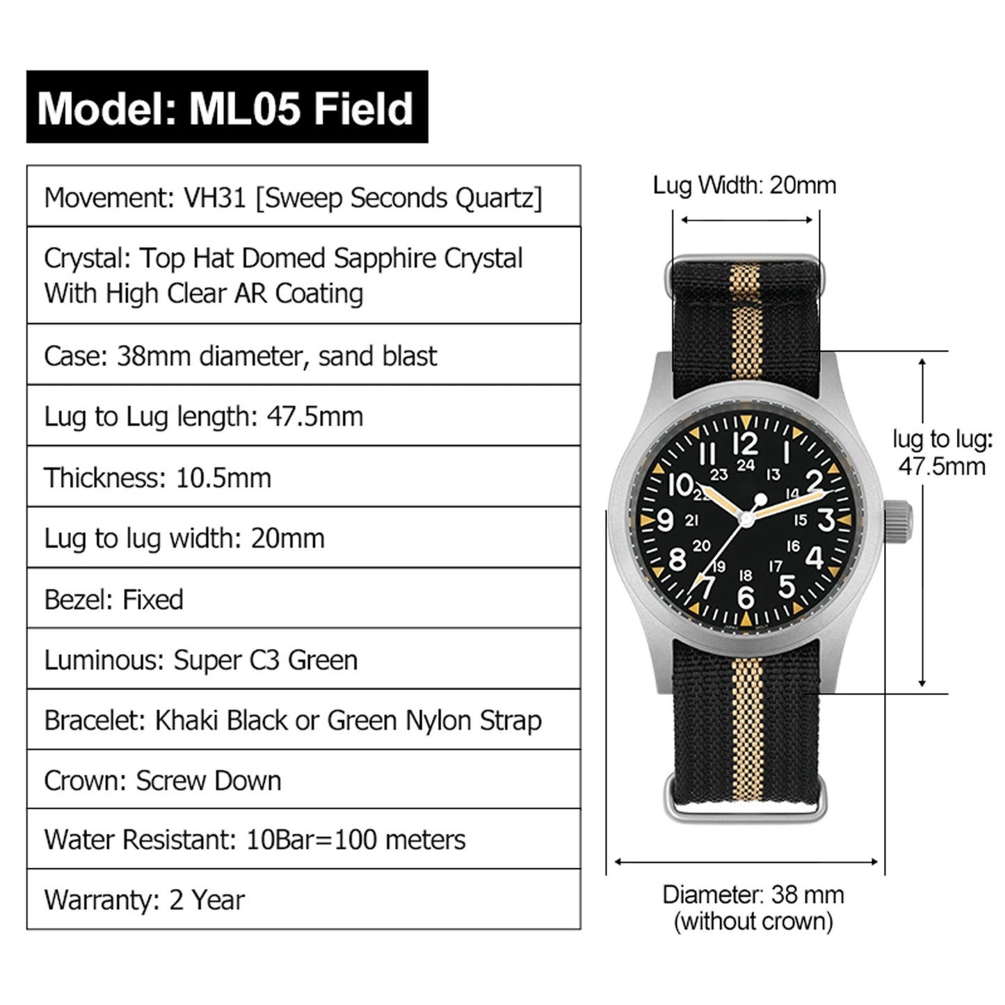 Militado ML05 38mm Vintage Watch VH31 Quartz Movement Field Watches Domed Sapphire Crystal With High Clear AR Coating Wristwatch