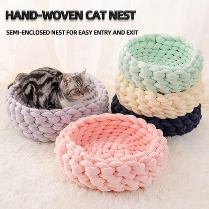 Weave Pet Nest Thick Line Dog Kennel Diameter 30-60cm Warm Detachable Washable Round Cat Bed Four Seasons Available Pet Supplies