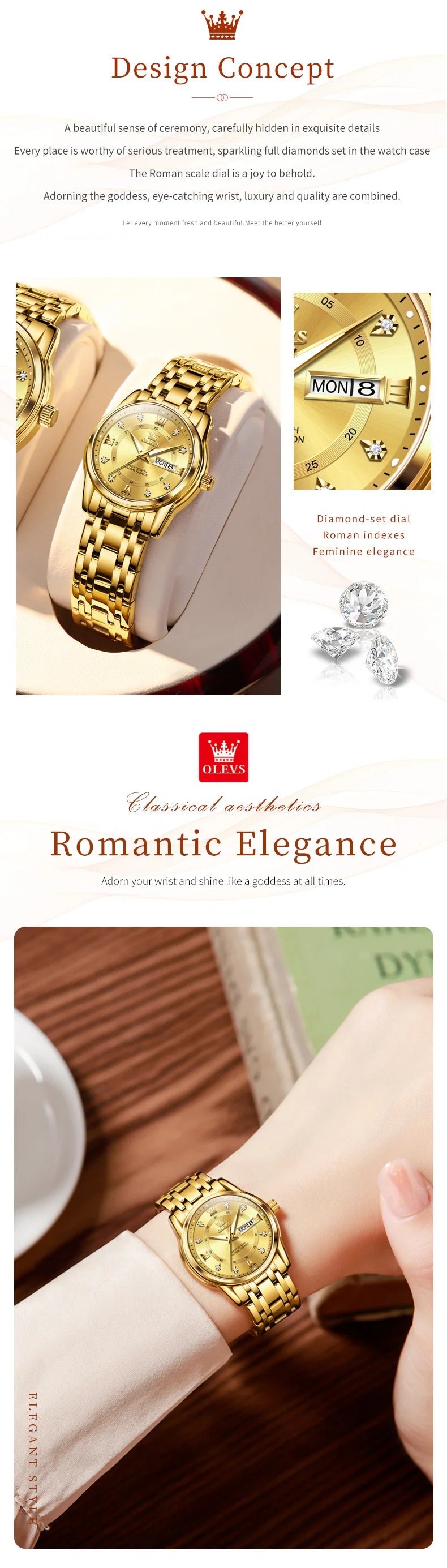 OLEVS Best Selling Fashion Stainless Steel Quartz Ladies Watch Luxury Dual Calendar Luminous Waterproof Elegant Watch for Women