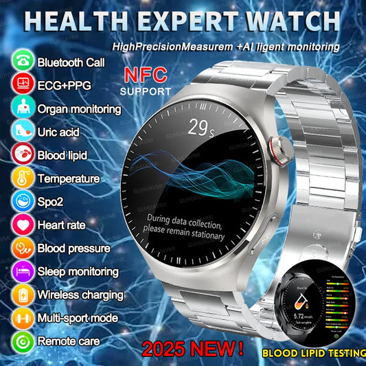 2025 New Men Health Expert Smart Watch Blood Pressure Blood Lipid Uric Acid ECG+PPG Body Temperature NFC HD Bluetooth Call Watch