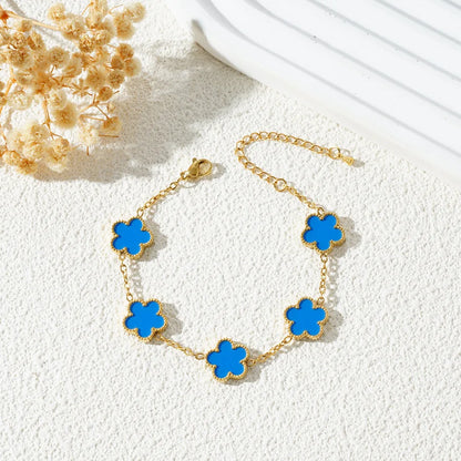 Stainless Steel Bracelet Double Sided Five Leaf Petals Flower Gold Plated Clover Women Fashion Jewelry