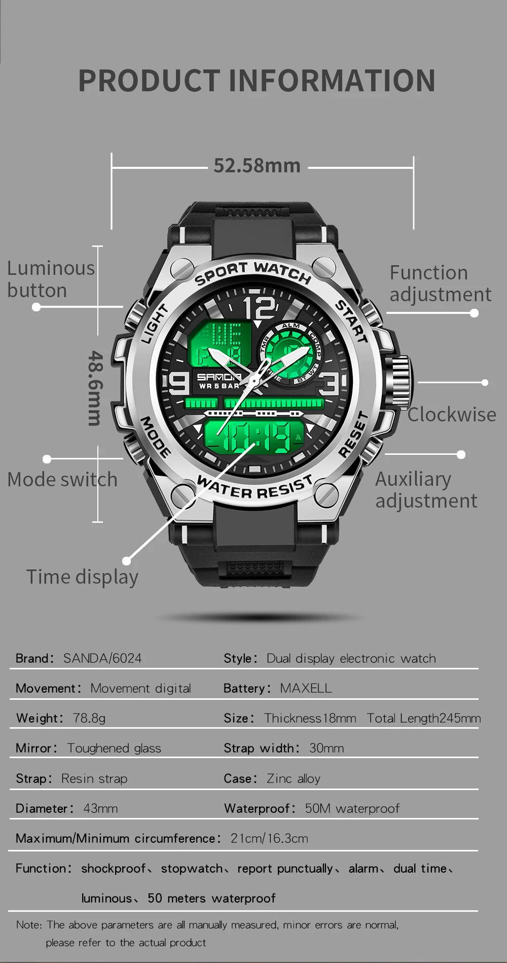 SANDA Men Sports Quartz Watches Dual Display LED Electronic Digital Wristwatches Waterproof Military Watch Relogios Masculino
