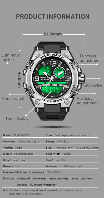 SANDA Men Sports Quartz Watches Dual Display LED Electronic Digital Wristwatches Waterproof Military Watch Relogios Masculino