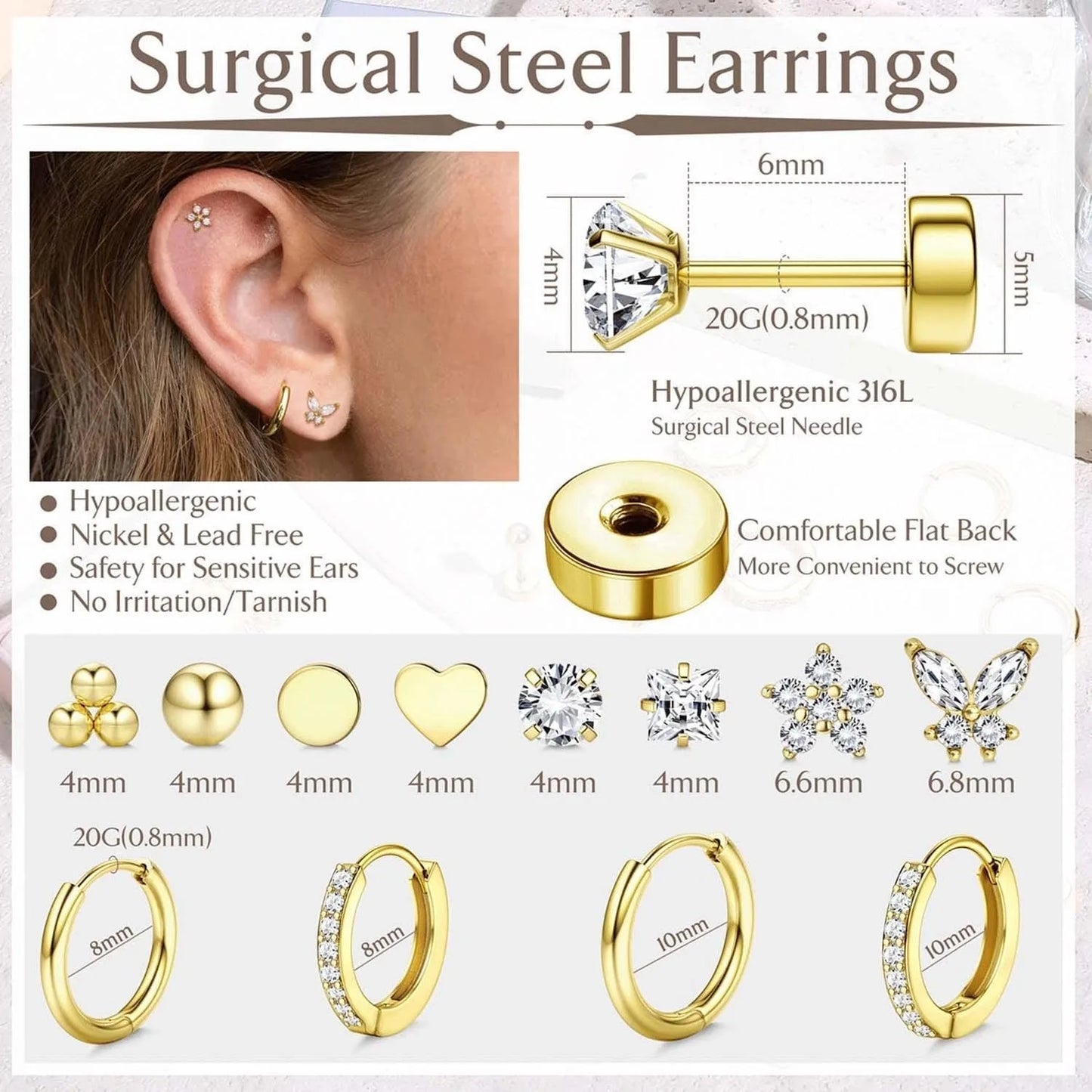 Drperfect Surgical Steel Earrings for Sensitive Ear Flat Back Hoop Cartilage Gold Plated CZ Studs for Women Multiple Piercing
