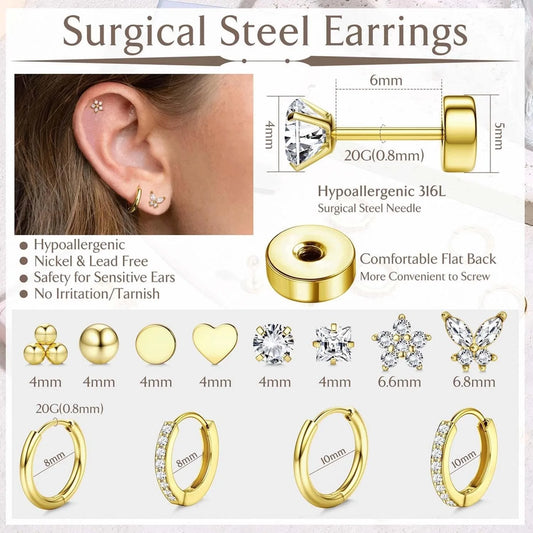 Drperfect Surgical Steel Earrings for Sensitive Ear Flat Back Hoop Cartilage Gold Plated CZ Studs for Women Multiple Piercing