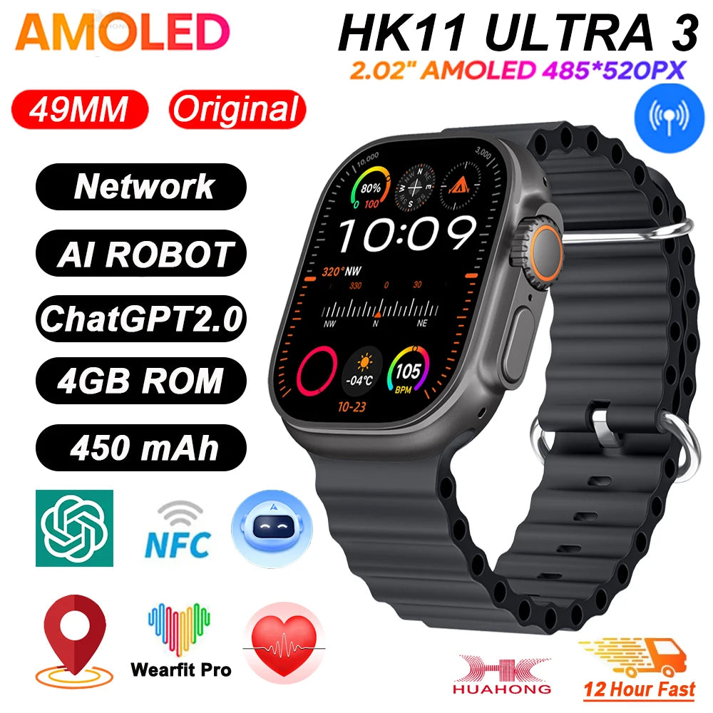 New HK11 ULTRA 3 MAX Smartwatch 2025 49mm HD AMOLED 4G ROM Bluetooth Network Call Robot Clock NFC Compass Smart Watch Men Women