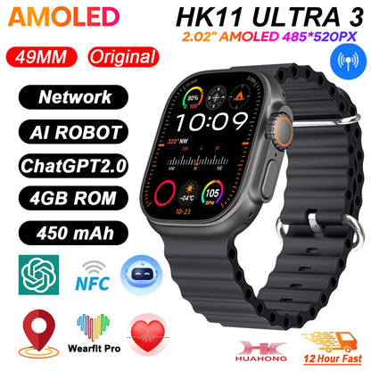 New HK11 ULTRA 3 MAX Smartwatch 2025 49mm HD AMOLED 4G ROM Bluetooth Network Call Robot Clock NFC Compass Smart Watch Men Women