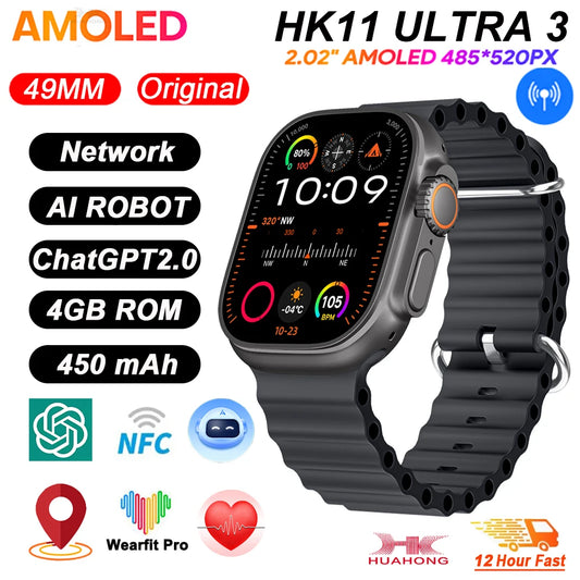 New HK11 ULTRA 3 MAX Smartwatch 2025 49mm HD AMOLED 4G ROM Bluetooth Network Call Robot Clock NFC Compass Smart Watch Men Women