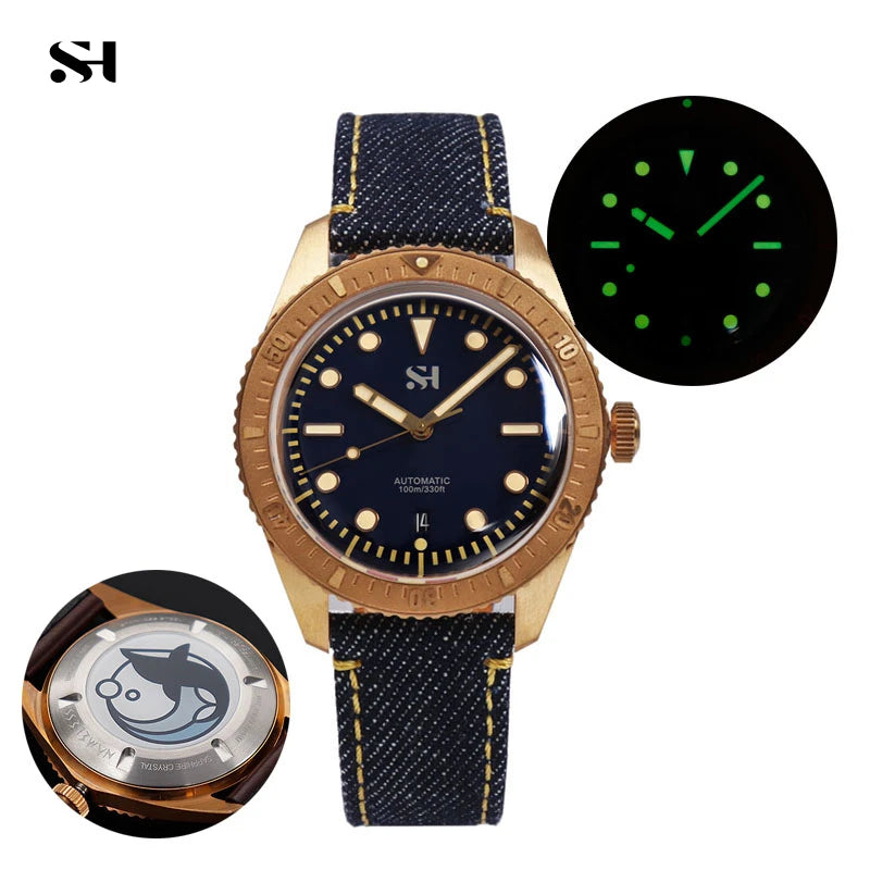 SH Bronze Watches Business Simple Men Mechanical Watch Horween Leather Strap Unique Denim Relojes Luminous 100m Waterproof CUSN6