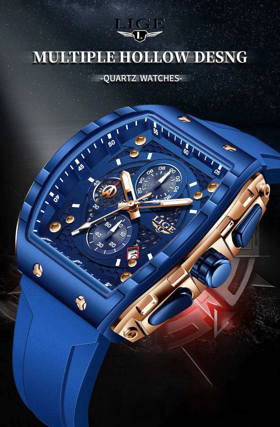 LIGE Top Brand Luxury Square Quartz Watches for Men Fashion Casual Sport 50M Waterproof Man Watch Auto Date Military Chronograph