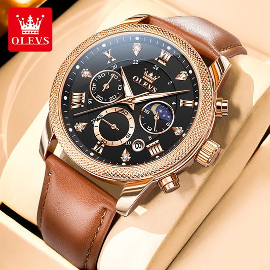 OLEVS 3660 Men's Watch Trendy Leather Strap Moon Phase Chronograph Luminous Waterproof Original Quartz Watch for Man Wristwatch