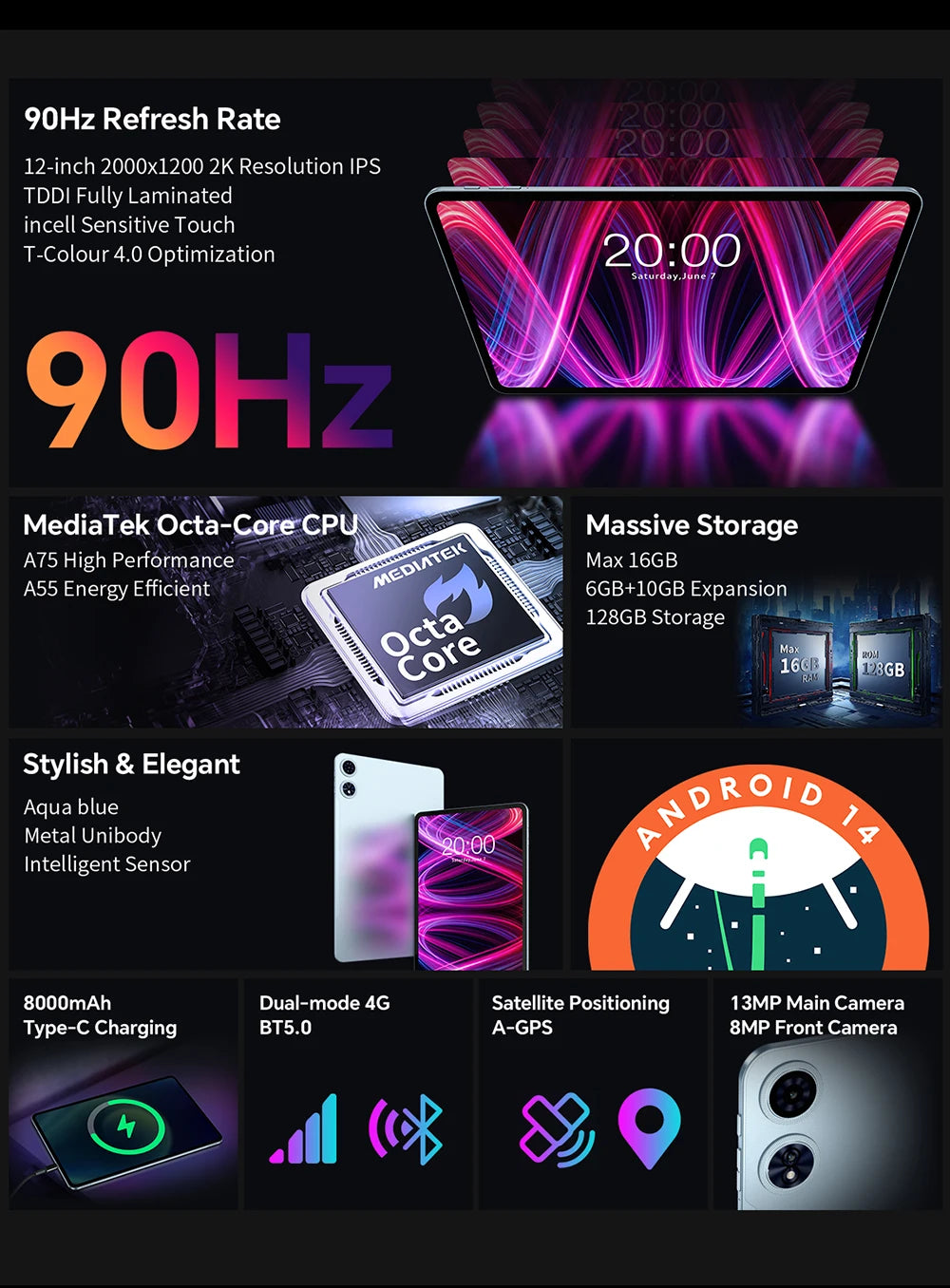 Teclast T60 Plus 12" Tablet 90Hz 2K Display Android 14 Max 16GB RAM 128GB ROM MTK G88 Octa-Core 8000mAh Widevine L1 4G LTE GPS