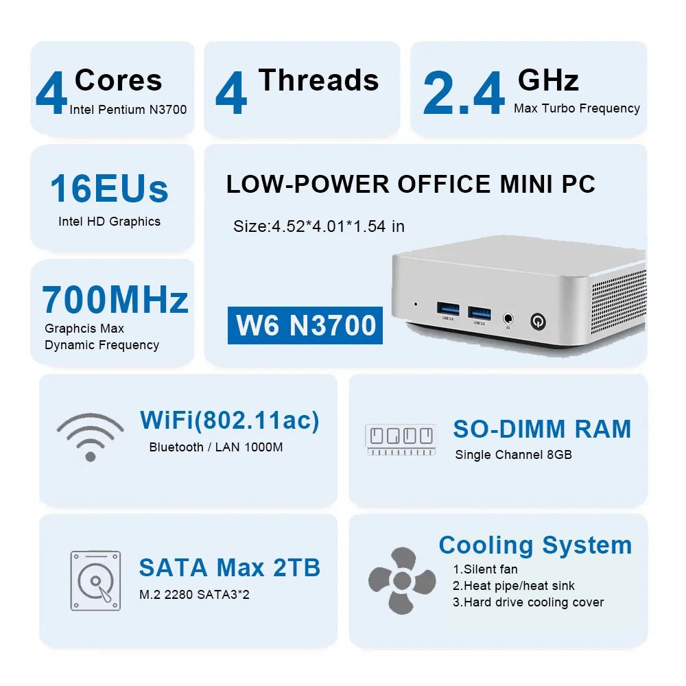 SZBOX W6 Mini PC Intel N3700 Windows 10 SO-DIMM RAM 8GB 128GB SSD RJ45 1000M LAN M.2 SATA3*2 Office Desktop Gaming Computer