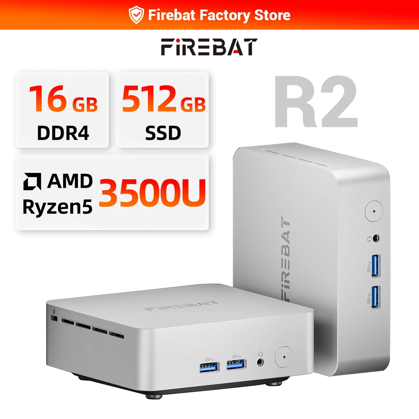 FIREBAT R2 Mini PC AMD Ryzen 5 3500U (Beats N150/N97)  16GB RAM 512GB SSD Desktop Mini Computers WIFI5 BT5.2 Dual 4k Display