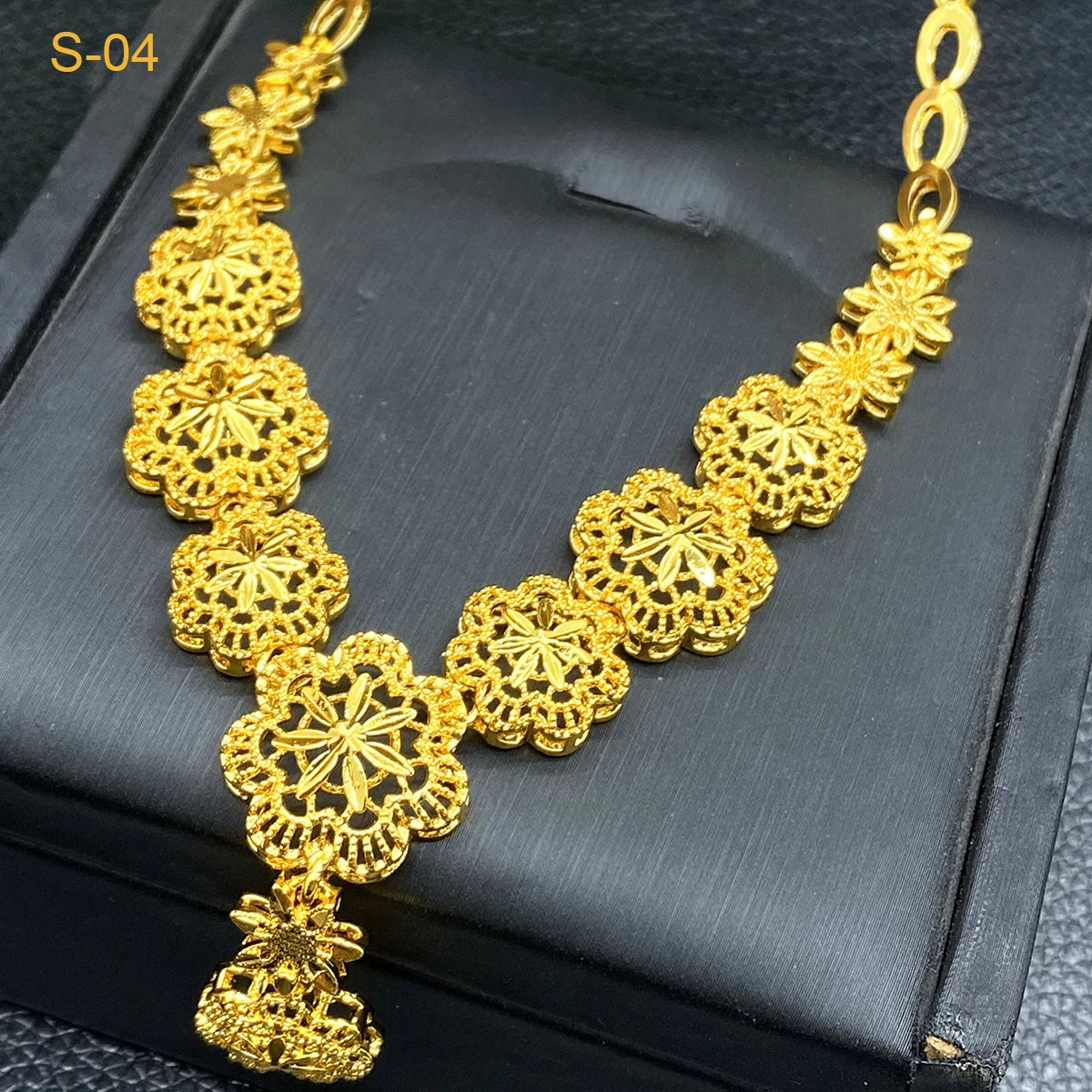 ANIID Indian 24k Gold Color Flower Shape Necklace Earrings Bracelet Ring Set Elegant Bridal Wedding Jewelry Sets for Dubai Lady