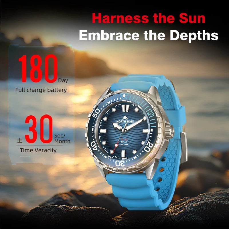 NORTH EDGE TRITON-TI Titanium Solar Diving Watch – 300M Waterproof, 180-Day Power Reserve