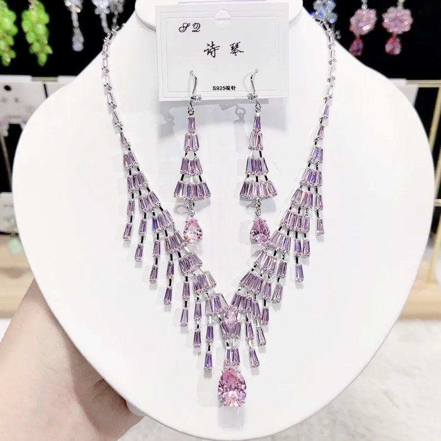 Multicolor Waterdrop Tassel Zirconia Necklace Earrings Women New Silver Color Bridal Wedding Fashion Jewelry Set Party Gifts