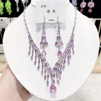 Multicolor Waterdrop Tassel Zirconia Necklace Earrings Women New Silver Color Bridal Wedding Fashion Jewelry Set Party Gifts