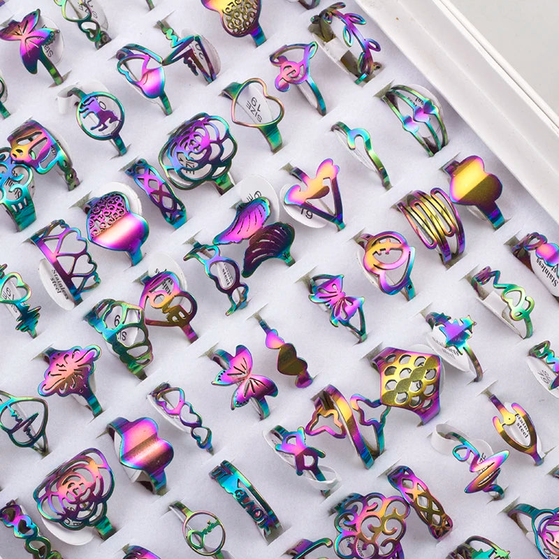 100 Pieces Stainless Steel Engraved Rings for Men and Women Fashion Charm Jewelry Gift Hollow Flower Finger Rings Wholesale Lots