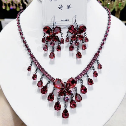 Multicolor Waterdrop Tassel Zirconia Necklace Earrings Women New Silver Color Bridal Wedding Fashion Jewelry Set Party Gifts