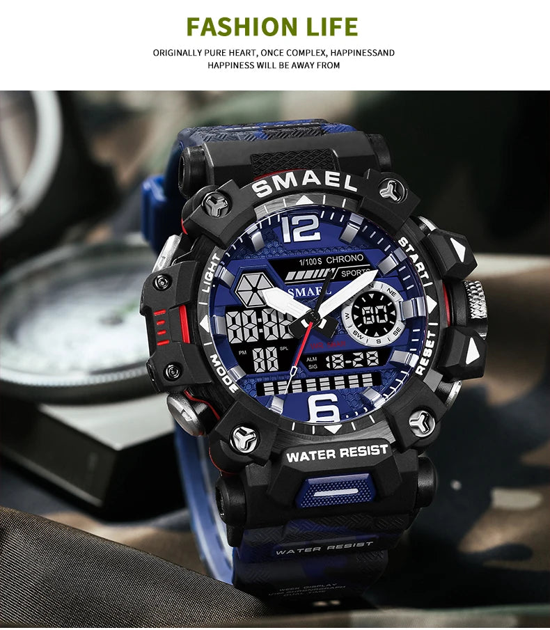 SMAEL New Watches 50m Waterproof Sports Watch Digital 8072 Army Watch Digital Quartz Dual Time Wristwatches LED for Men