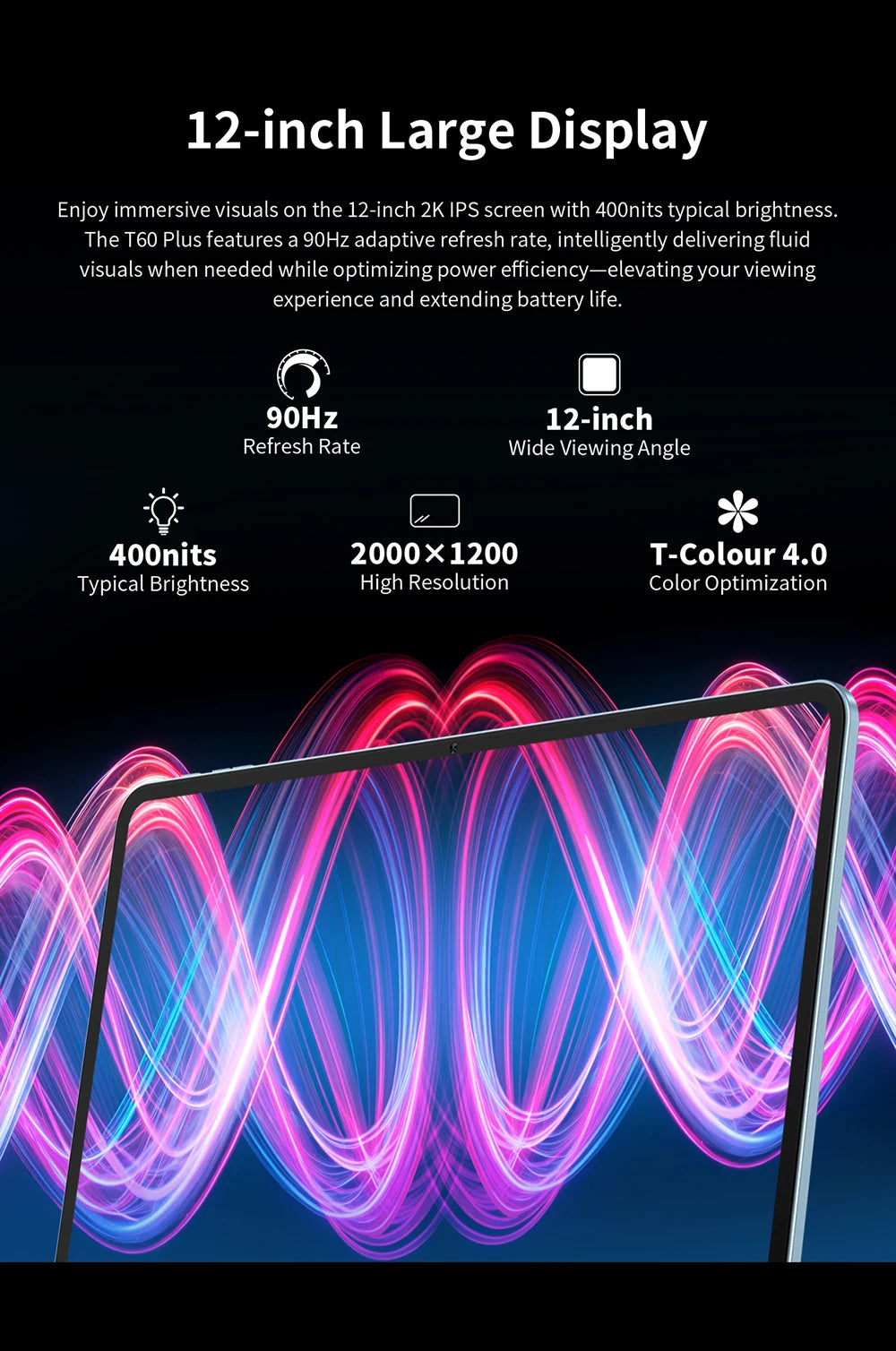 Teclast T60 Plus 12" Tablet 90Hz 2K Display Android 14 Max 16GB RAM 128GB ROM MTK G88 Octa-Core 8000mAh Widevine L1 4G LTE GPS