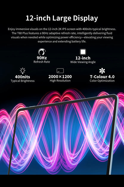 Teclast T60 Plus 12" Tablet 90Hz 2K Display Android 14 Max 16GB RAM 128GB ROM MTK G88 Octa-Core 8000mAh Widevine L1 4G LTE GPS