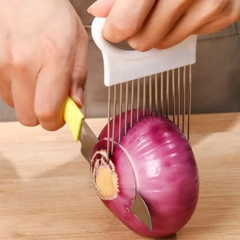 Effortlessly Slice Onions with this 1pc Colorful Onion Slicer Kitchen stainless steel potato chip onion holder for chopping assi